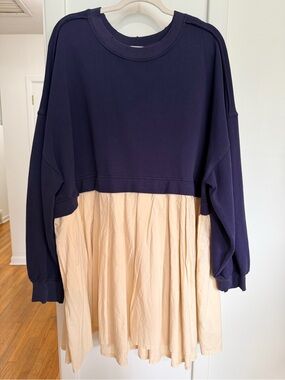 Free People Navy & Cream Babydoll Sweatshirt Dress XL | Oversized Boho Tunic
